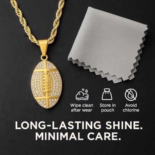 Mens Necklace – Steeltime Football Pendant Chain for Men – Stainless Steel Jewelry with CZ Stones – Waterproof Rope Chain – Mens Pendant – American Football Necklace4