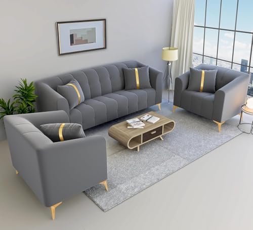 Image of UMAR ARTS Luxury Chesterfield Leatherate Sofa Set, Tufted Genuine Leatherate, Classic Living Room Furniture (3+1+1 Grey)