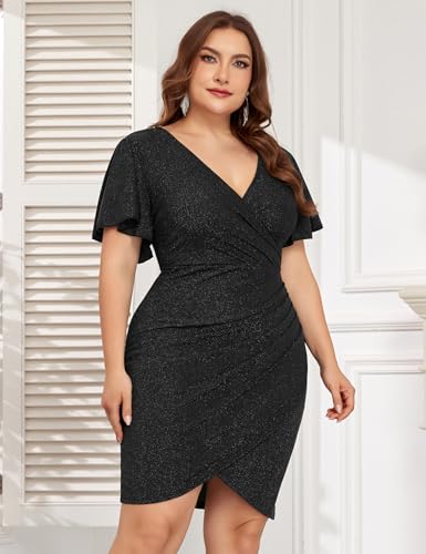 Image of ZOMVA Plus Size 0X-4X Sparkly Glitter Ruched Bodycon Mini Dress Sparkle Sequin Wrap Ruffle Sleeve Dress Cocktail Party Formal