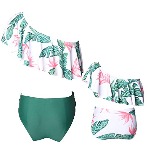 One-Shoulder Floral Ruffle Girl Swimwear Family Bathing Suit 2 Piece Flounce Swimsuit Top High Waist Beachwear Bottom for Girl (Green, Women-S)