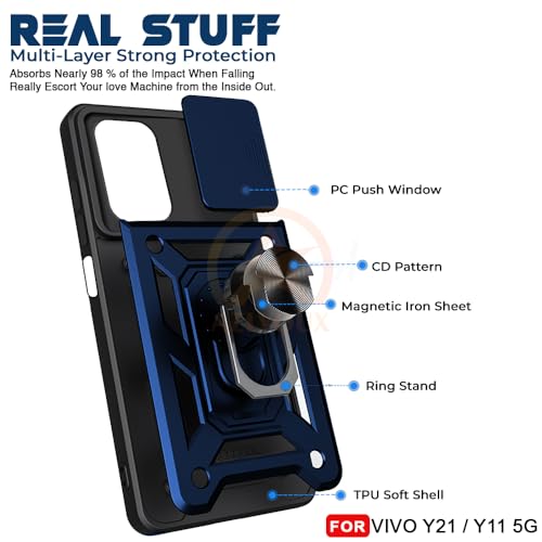 Image of Armor Bumper Back Cover Case for Vivo Y21 5G / Y11 5G | Rotating Camera Cover, Ring Holder & Kickstand | Heavy Duty & 360 Degree Protection Vivo Y21 5G / Y11 5G Back Cover (Blue)