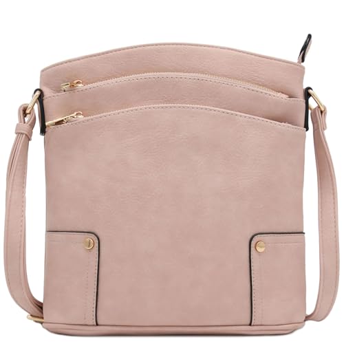 ALYSSA Triple Zip Pocket Large Crossbody Bag (Pale Rose)