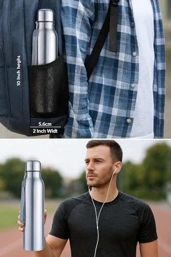 Image of Manha's Stainless Steel Slim Water Bottle 500ml | Leakproof Lightweight Single Wall Steel Bottle for School, Office, Gym, Travel & Outdoor Use - Silver Color