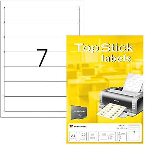 TopStick 8721 Lever Arch File Labels, 7 Labels Per A4 Sheet, 192 x 38 mm, 700 Labels, Self Adhesive, Stickers for Laser and Inkjet Printers, White Cover
