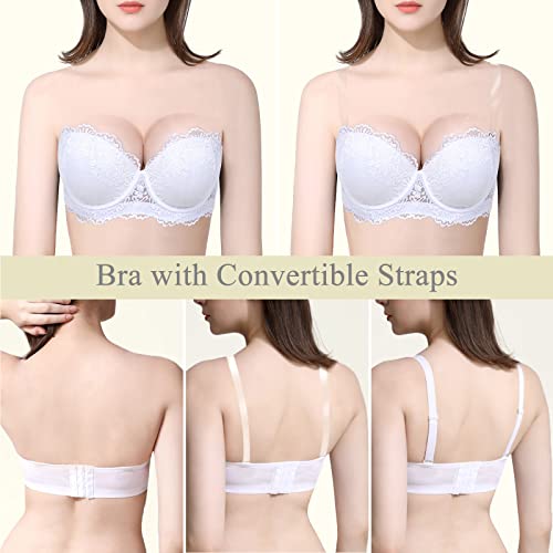 YBCG Push Up Strapless Convertible Clear Straps Balconette Lace Padded Add 2 Cups Underwire Sexy Bra White 38B - Image 4