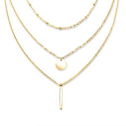 Layered Choker Necklace,18K Gold Plated Stainless Steel Cubic Zirconia Triangle Geometric Pendant Necklace Coin Disc Bar Pendant Beaded Chain Layer Necklace for Women Girls
