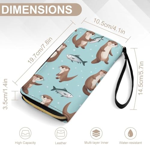 Girl's Long PU Wallet, Travel Purse Fashion Design, Huge Storage Capacity Purse, Cute Decor Zipper Wallet With Rope Cute Otter Fish Pattern2