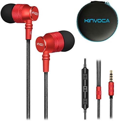 KINVOCA Wired Metal in Ear Earbuds Headphones with Microphone Volume and Case, Bass Stereo Noise Isolating Inear Earphones Ear Buds for Cell Phones, Aluminum Alloy, Carabiner, 3.5mm Jack, Red