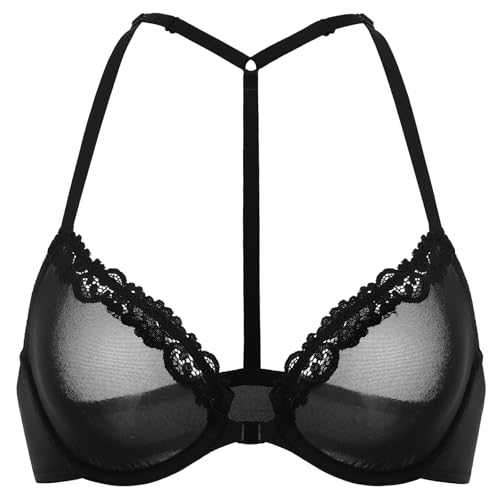 DOBREVA Women's Mesh Front Closure Racerback Bra Lace Trim Unlined Underwire Sexy Plunge Sheer Bras Y Back4