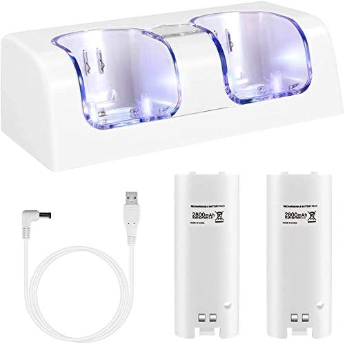 Charger Dock for Wii Remote, Lavuky WD01 Wii Remote Charger with Rechargeable Batteries 2800mAh and LED Light Indicator-White