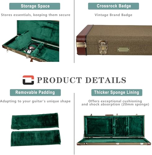 Crossrock Master Series- Wooden Fender Precision & Jazz Bass Guitar Case- Security Lock, Genuine Leather Handle, Reinforced Hardware, Metal Feet, Storage Space- Olive Green (CRW720BOG) by Crossrock - Image 4