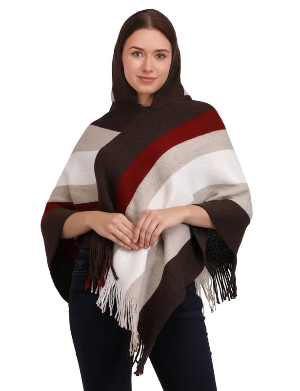 MANRA Women's Casual Hooded Cape Striped Woolen Poncho for Winter (SC 09 CAP/BROWN-WHITE/XXL)-picture-22