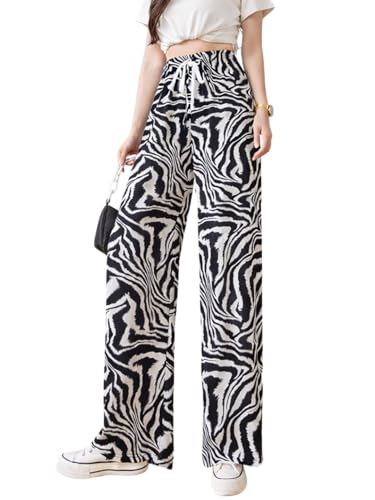 Image of Celary Women's Printed Palazzo Pants - Silk Blend High Waist Wide Leg Trousers | Elastic Waist Relaxed Fit Casual Flowy Pants for Travel, College, Office