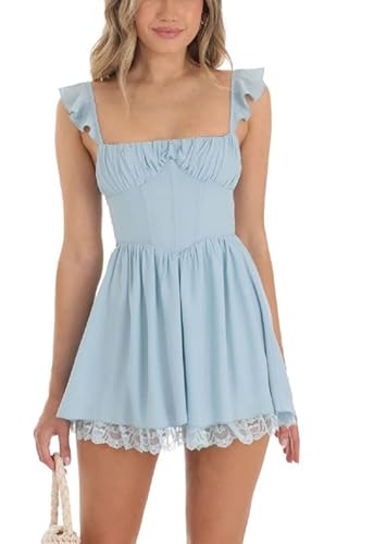 Juakoso Women Summer Spaghetti Strap Mini Dress Sexy V Neck Backless A Line Short Dress Casual Sleeveless Floral Cami Dress Blue thumb #2