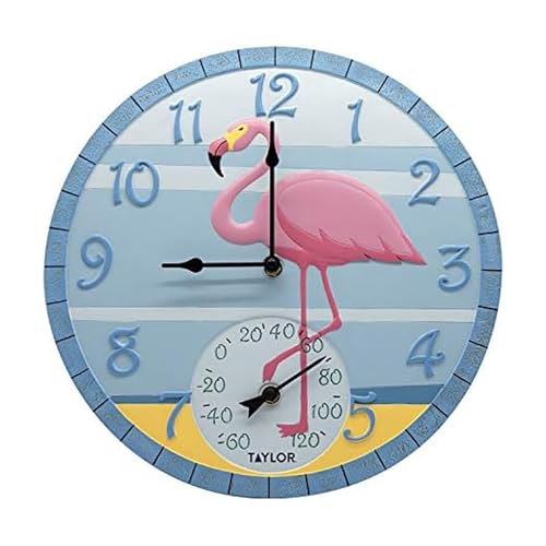 Taylor Flamingo Poly Resin Indoor and Outdoor Clock and Thermometer, Wireless Thermometer with Easy to Read Large Numbers for Patio, Pool, and Indoor Areas, 14-inch, Multi-Color by Taylor - Used condition - US$46.84