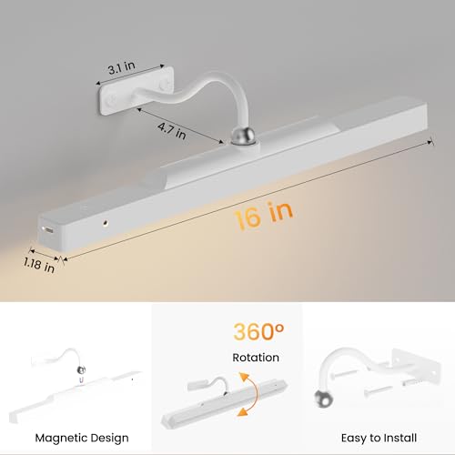 Image of Cordless White Picture Lights for Wall Artworks - Wireless Remote, 3 Modes Dimmable 350LM Above Frame Lighting, 5000mAh Rechargeable Battery Wall Mount for Photo, Gallery,Paintings,Dartboard(2-Pack)