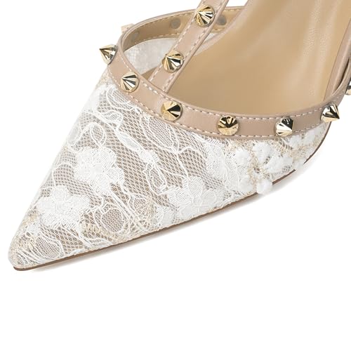 Image of XINIUNIU Studded Heels for Women Kitten Heels with Studs Stiletto Sandals with Rivet Ankle Strap Patent Leather Pointy Toe 2.5 Inch Party Daily Wear Evening Sandals
