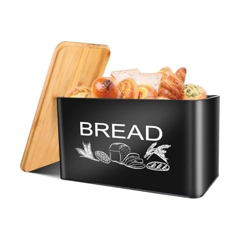 JIGUOOR Black Bread Box, Extra Large Space Saving Vertical Metal Bread Box with Wooden Cutting Board Lid, Holds 3 Loaves, Farmhouse Bread Box for Kitchen Bread Storage,Kitchen Parts Box Cover