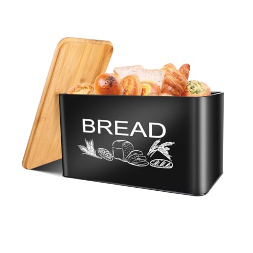 JIGUOOR Black Bread Box, Extra Large Space Saving Vertical Metal Bread Box with Wooden Cutting Board Lid, Holds 3 Loaves, Farmhouse Bread Box for Kitchen Bread Storage,Kitchen Parts Box