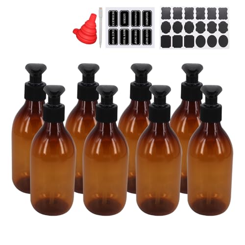 zmybcpack 8 Pack 8OZ Empty Plastic Pump Lotion Bottles with 1 Pen, Labels & Silicone Funnel, Amber Color Lotion Dispenser with Locking Lotion Pump for Body Wash, Shampoo, Massage Lotion, Gel