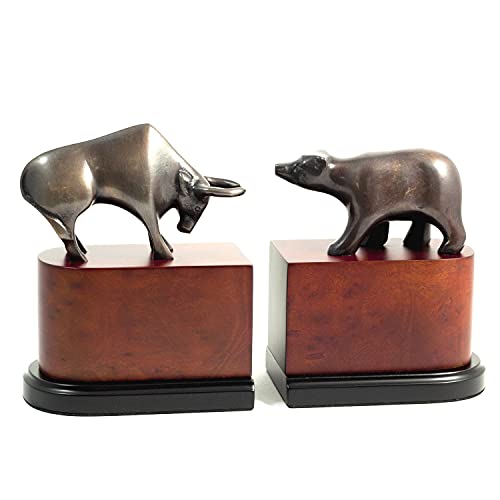 Bey-Berk Bull and Bear Bookends, Matte Silver Sculptures on Light Maple Burl Wood Bases, 6" Tall Stock Market Desk and Shelf Decor
