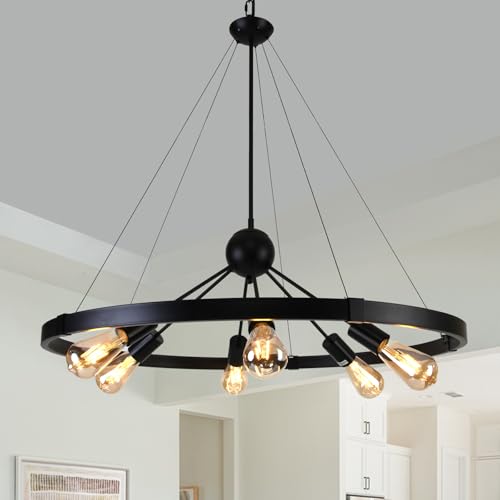 Bomiel Black Wagon Wheel Chandelier, 32" 6-Light Rustic Farmhouse Pendant Lighting, Round Industrial Ceiling Light Fixture for Dining Room, Kitchen Island, Bedroom, Foyer by bomiel - Used condition - CA$95.75