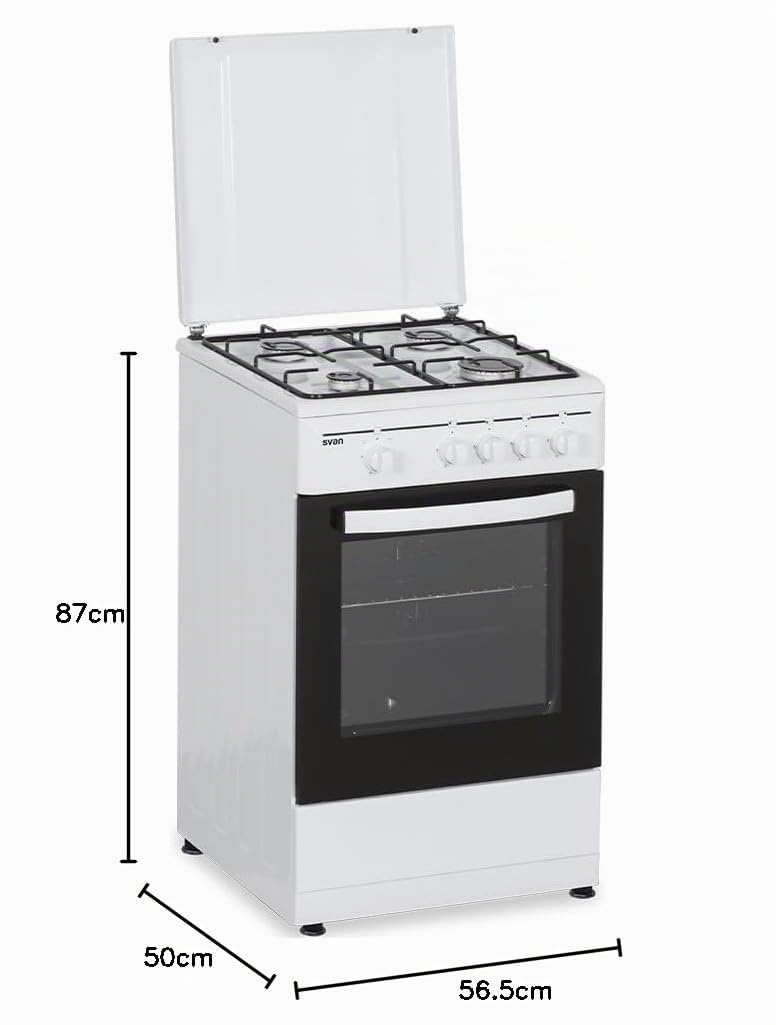 Svan Cuisinière Gaz Butane, Type Gaz, 4 Zones de Cuisson, Four 43 L, Blanc, SKG4500TM. Contrôle Manuel, 2 Programmes de Cuisson, Porte en Verre Double, Couvercle Métal
