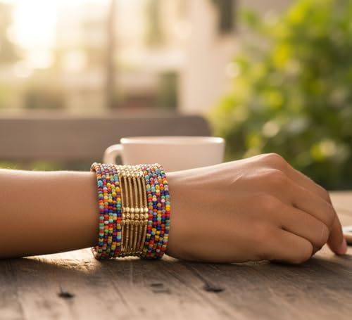 Image of Touchstone Indian Colorful Bead Bracelet Bollywood Beaten Metal Beads Openable Broad Cuff Bracelet in Gold or White Tone for Women.