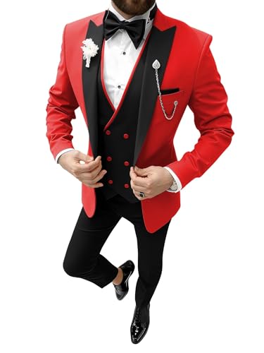 TUXBURNTXZ Tuxedo for Men Big and Tall Red and Black Slim Fit Suits for Men 3 Piece Wedding Suit XXL
