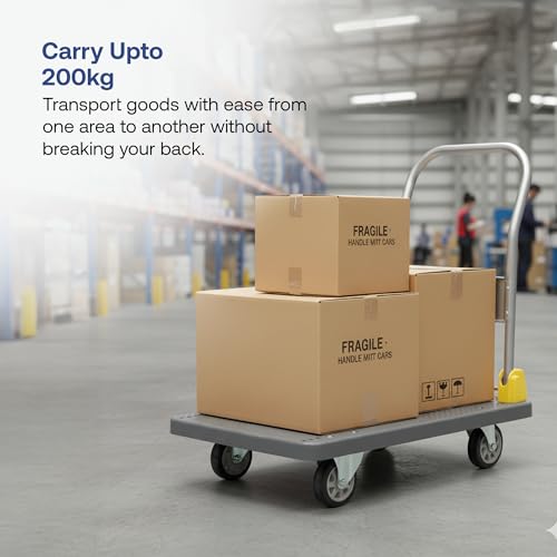 Image of BonKaso 200Kg Heavy-Duty Foldable Platform Trolley | Plastic Material Handling Cart with 360 Rotating Wheels & Non-Slip Base | for Home, Office, Warehouse, Industrial Use (72x48x79cm, Grey)