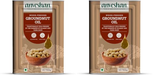 Image of Anveshan Wood Pressed Groundnut Oil - 15 Litre | Tin Can | Kolhu /Kacchi Ghani /Chekku | Peanut Oil | Natural | Chemical-Free | Cold Pressed Groundnut Oil for Cooking (Pack of 2)