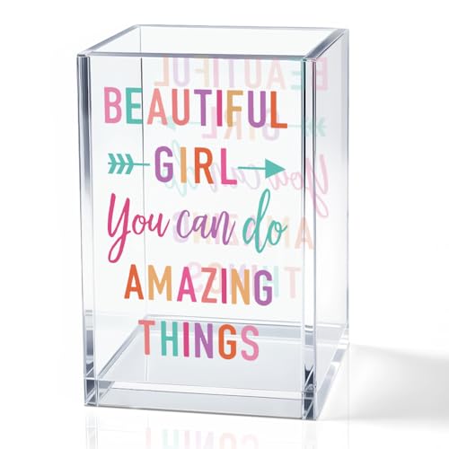 Image of Beautiful Girl You Can Do Amazing Things Acrylic Cosmetic Holder, Inspirational Makeup Brush Holder Gifts, Encouragement Gifts for Teens Women, Bathroom Vanity Storage for Makeup Brushes