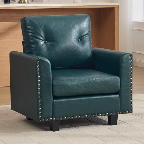 Image of 34.3 inch Faux Leather Modular Sectional Single Couch, Vintage PU Leather Accent Sofa Chairs with Nailhead Trim for Sofas, Mid Century Modern Tufted Chair for Living Room, Bedroom, Office, Forest Green