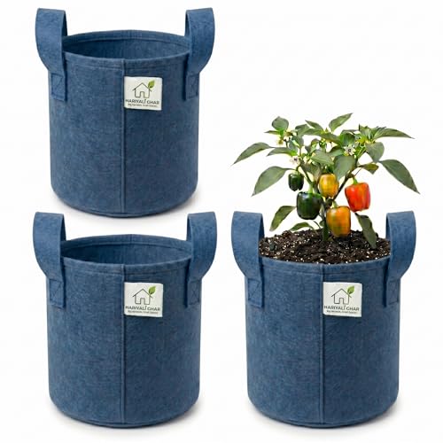 Image of 400 GSM Geo Fabric Round Grow Bags 10x10 Inch with Handle, Blue Planting Bags for Terrace and Kitchen Gardening Pack of 3