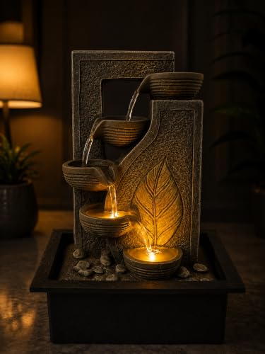 Image of CHRONIKLE Indoor Tabletop Water Fountain with Warm LED Light & Controller Pump|Golden Leaf Designer 4 Diya Step Cascade Polyresin Waterfall Fountain for Home, Meditation Decor | Silver | 40x29.5x22 CM