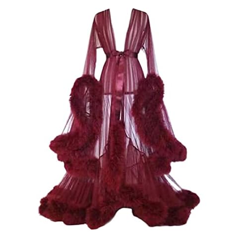 FASZFSAF Durchsichtiges Sexy Federkleid mit Ausgestellten, Ärmeln Für Frauen Perspective Robe Nightwear Set, Federkleid mit Ausgestellten, Lange Feder-Robe Pelz,Wine red,S Cover