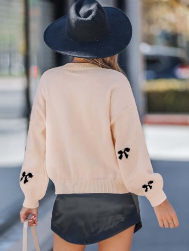 SunnyMelody Womens Cute Bow Long Sleeve Fall Sweater, Cream Beige, M — view 2