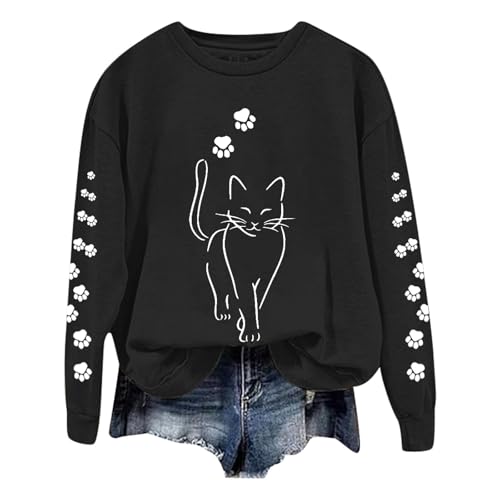 Sweatshirts Women Casual Cute Cat Graphic Printed Long Sleeve Loose Sweatshirts Pullover Sweatshirts Blouse (Black, L)