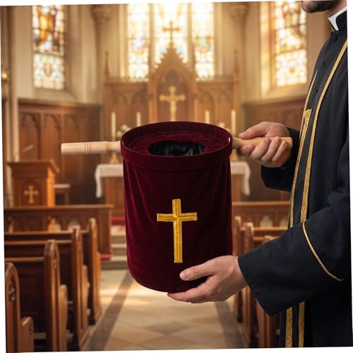 Bolsa de iglesia de terciopelo rojo con asas de madera para colecta y comunión 4