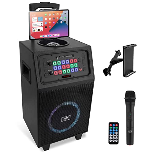 Portable Karaoke PA Speaker System - 600W 8â Rechargeable BT Speaker, TWS, Party Lights, LED Display, FM/AUX/MP3/USB/SD, Wheels - Wireless Mic, Remote Control, Tablet Holder Included - Pyle PHP18DJT