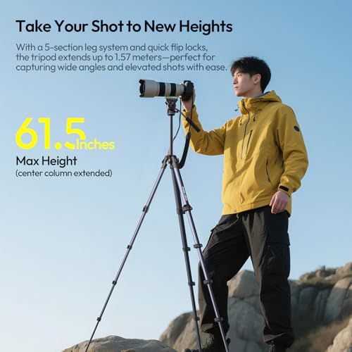 Image of ULANZI Ombra Video Ⅱ Camera Tripod with Fluid Head, 61.5 inch Travel Tripod with 360 Rotated Arca Quick Release Plate, Portable Stand for Phone Camera Vlogging Video Shooting with Carry Bag Phone Clamp