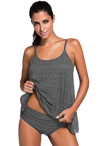 Vanbuy Women Two Piece Tummy Hiding Swimsuit Tankini Top with Bikini Bottom Swimwear Y3-41962-Grey-XL