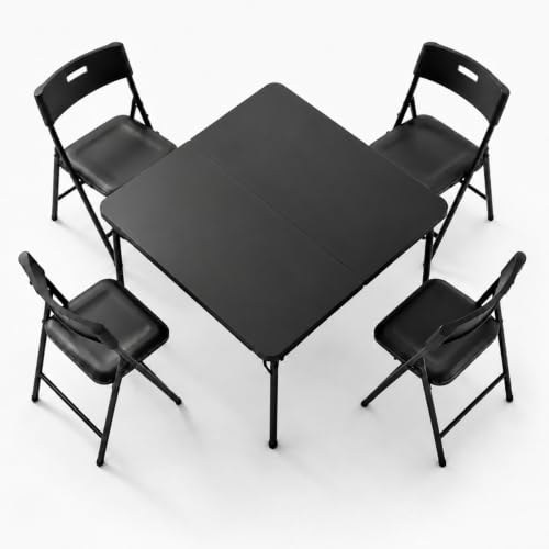 Image of 5-Piece Square Folding Table and Chairs Set, 34 inch Card Table & 330lbs Stackable Chairs, Portable Dining Set with Carry Handle for Picnic, Camping, Party, Patio, Black Set