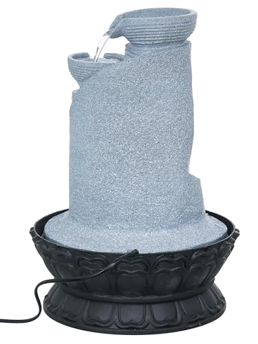 Image of CHRONIKLE Polyresin Grey Designer Table Top Indoor 5 Artistic Steps Waterfall Fountain with Yellow LED Lights & Water Flow Controller Pump (Size: 41 x 25 x 25 CM | Weight: 1980 gram | Color: Grey)