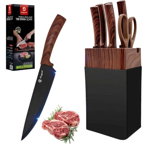 7 Pièces Couteaux de Cuisine, Couteau Cuisine Bloc et Aiguiseur Intégré,Lames en Acier Inoxydable Aiguisées,Manches Ergonomiques Antidérapants,Set de...