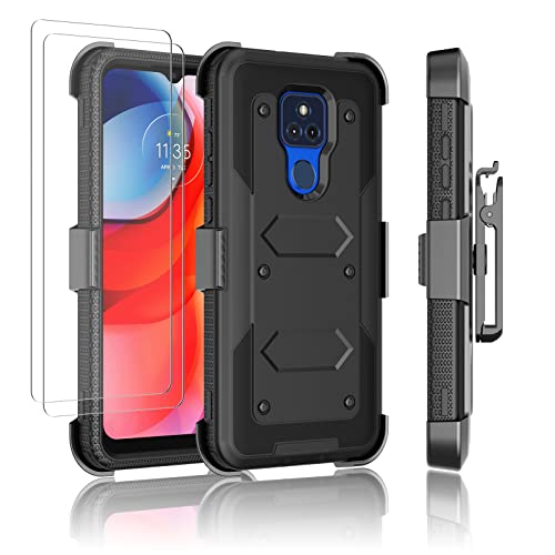 Njjex for Moto G Play 2021 Case, for Motorola G Play 2021 Case W/Tempered Glass Screen Protector [2 Pack] [Nbeck] Shockproof Heavy Duty Locking Swivel Holster Belt Clip Kickstand Rugged Cover [Black]