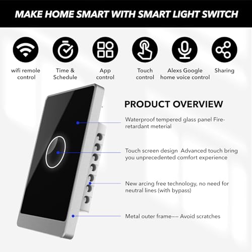 Smart Wall Light Switch, 2.4GHz 1 Gang WiFi Touch Switches, Neutral Wire Required, 3 Way Muti Remote Control Smart Life/Tuya App, Compatible with Alexa, Google Home, Black, 2026 — view 6
