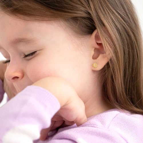 925 Sterling Silver Yellow Gold Flashed Flower Puffed Safety Screw Back Earrings For Toddlers and Young Girls - Children's Flower Shaped Earrings3