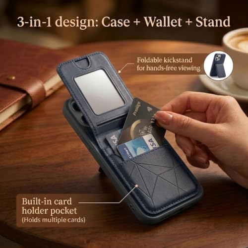 Image of amazon basics Premium Vegan Leather Back Cover with Card Holder and Integrated Mobile Stand for iPhone 12 Pro Max - Slim Shockproof Wallet Case with Geometric Stitching [Blue]