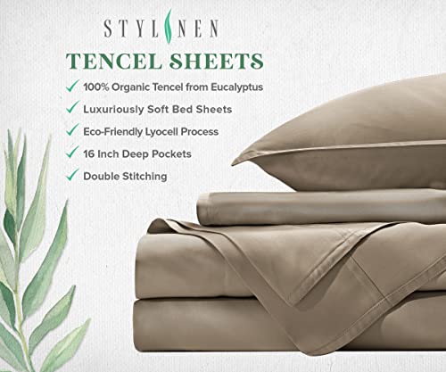 Stylinen 100% Organic Eucalyptus Bed Sheets Queen Size 4 Piece Set, Tencel Lyocell, Silky Soft & Smooth, Breathable, 16 Inch Deep Pockets, 1 Fitted, 1 Flat, 2 Pillowcases (Queen, Sand) #TOP3